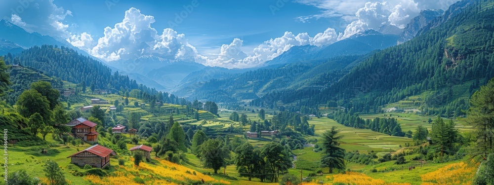Fototapeta premium A lush green valley surrounded by towering mountains, with traditional Bhutanese farmhouses dotting the landscape.