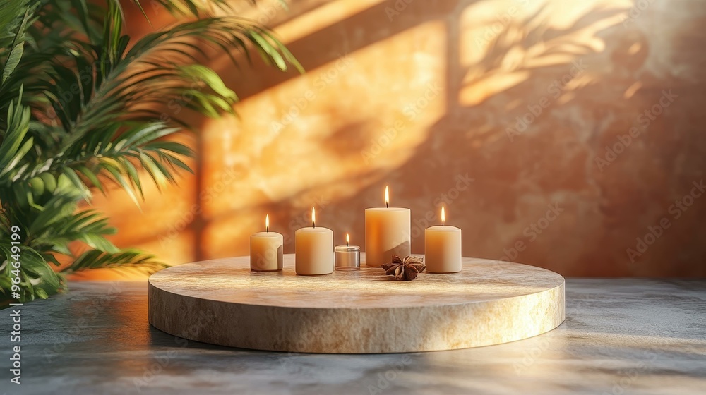 A serene image of burning candles on a circular stone platform, surrounded by vibrant green leaves and warm, natural sunlight, perfect for relaxation and wellness themes, A serene image of burning candles on a circular stone platform, surrounded by vibrant green leaves and warm, natural sunlight, perfect for relaxation and wellness themes,