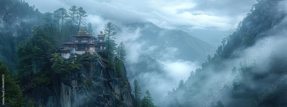 The iconic Tiger's Nest monastery perched on a cliffside, surrounded by mist-covered mountains. The iconic Tiger's Nest monastery perched on a cliffside, surrounded by mist-covered mountains.