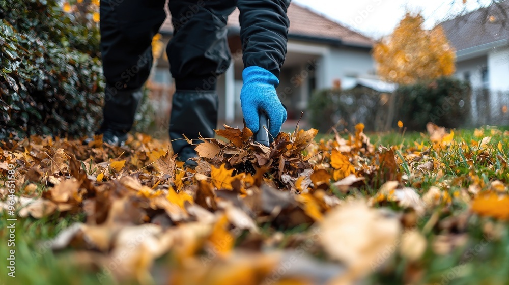 a man cleans autumn leaves near the house. Selective focus a man cleans autumn leaves near the house. Selective focus