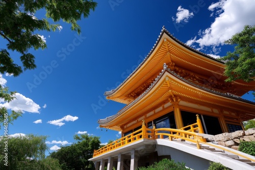 Golden Pavilion standing proud against a deep blue sky its gold shimmering brightly in the clear, crisp air