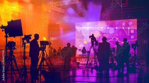 commercial video film movie making lighting set professional studio production big working people silhouette scenes behind television camera motion picture equipment crew photo light