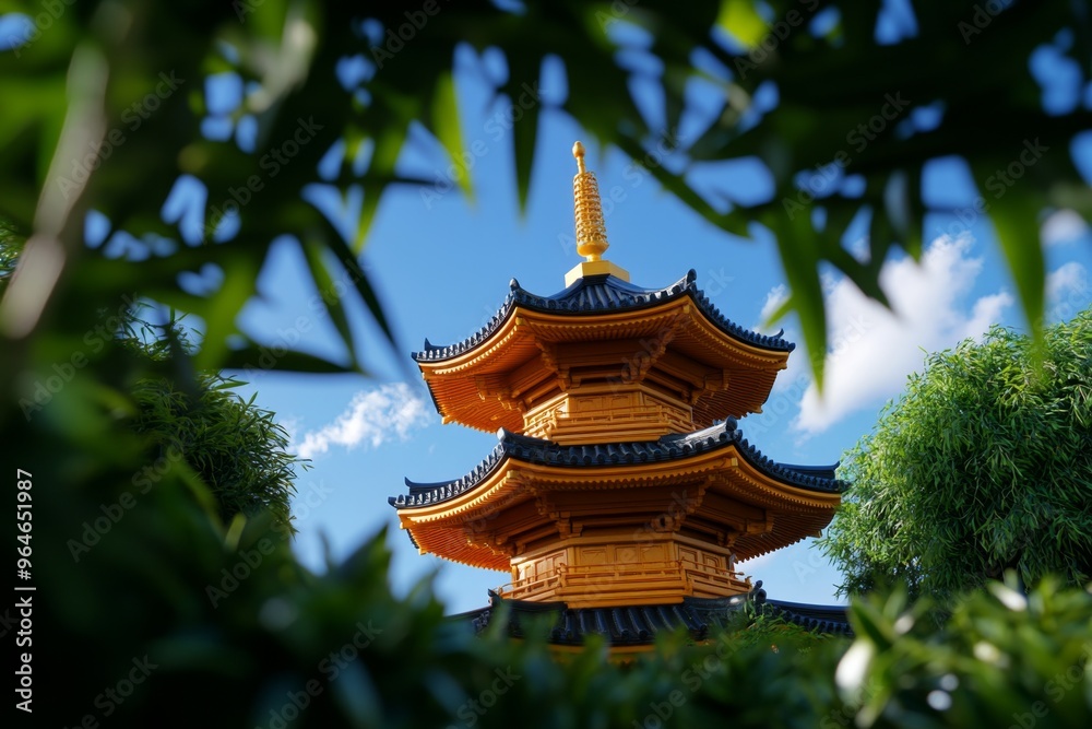 Golden Pavilion viewed through a canopy of bamboo adding an element of tranquility and seclusion to the scene Golden Pavilion viewed through a canopy of bamboo adding an element of tranquility and seclusion to the scene