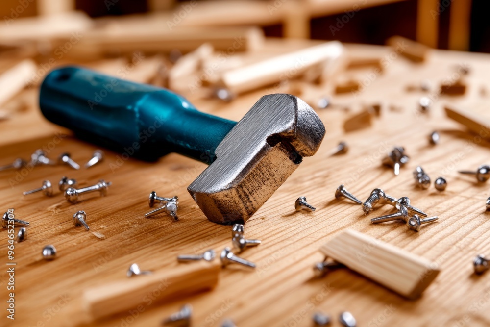 Hammer resting on a wooden workbench ready for the next DIY project, surrounded by nails and planks of wood Hammer resting on a wooden workbench ready for the next DIY project, surrounded by nails and planks of wood