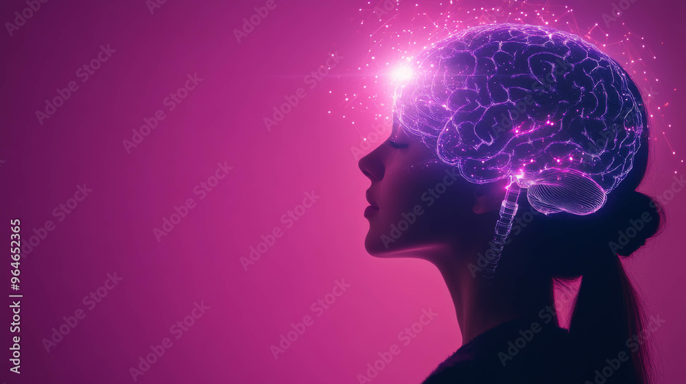 abstract image of neural connections in the human brain, woman's head in profile abstract image of neural connections in the human brain, woman's head in profile