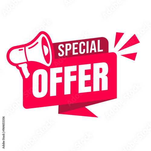 Best choice, order now, special offer, new and big sale banners. Red ribbons, tags and stickers. Megaphone label icon logo. Vector illustration.