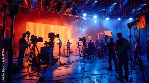 commercial video film movie making lighting set professional studio production big working people silhouette scenes behind television camera motion picture equipment crew photo light