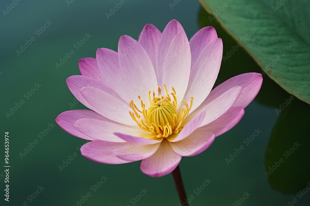 A stunning pink lotus flower in full bloom with a vibrant yellow center, set against a backdrop of lush green leaves and serene water A stunning pink lotus flower in full bloom with a vibrant yellow center, set against a backdrop of lush green leaves and serene water
