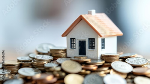 Close-up of a small house model nestled among piles of coins, illustrating property investment, mortgage, and financial stability in the real estate market