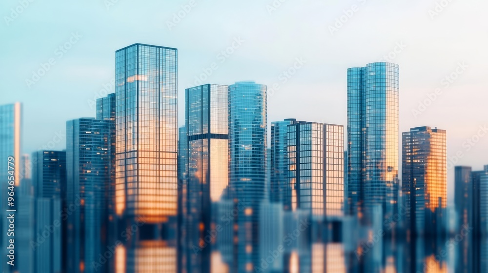 Obraz premium Abstract city reflection with glass buildings, glowing urban horizon, high-definition modern city view