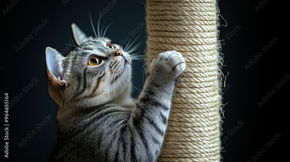 A playful cat claws at a sisal scratching post, showcasing its natural instincts. A playful cat claws at a sisal scratching post, showcasing its natural instincts.