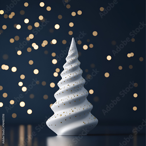 Abstract figurine of a white 3D Christmas tree decorated with gold rhinestones on a dark blue background with sequins. Christmas tree decor on a festive background. 