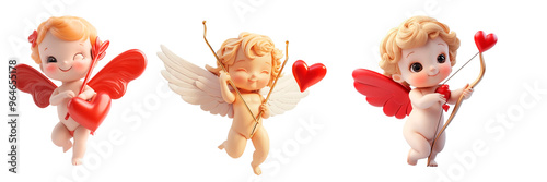 Set of cute 3d cupids on white isolated background. Cute angel with wings and a bow with arrows of love. Saint Valentine's Day concept.