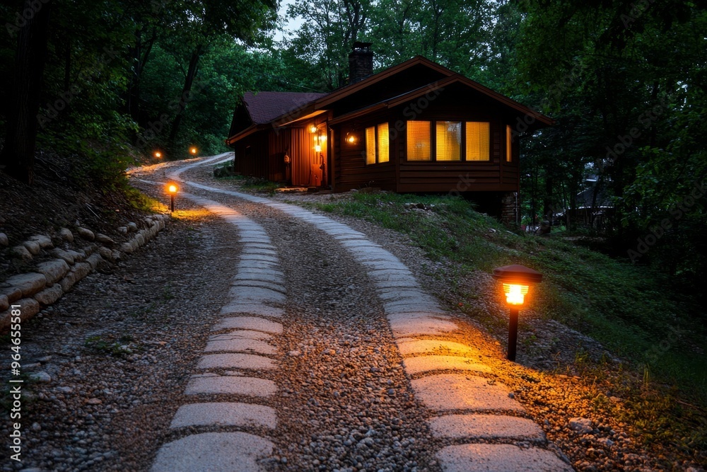 Road leading up to the house with old, rusted streetlights flickering faintly, casting eerie shadows on the path Road leading up to the house with old, rusted streetlights flickering faintly, casting eerie shadows on the path