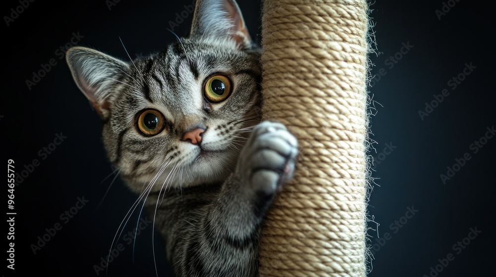 A playful cat curiously peeks around a scratching post. A playful cat curiously peeks around a scratching post.