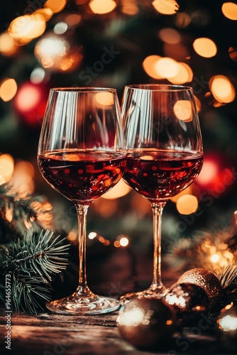 two glasses with wine christmas concept. Selective focus