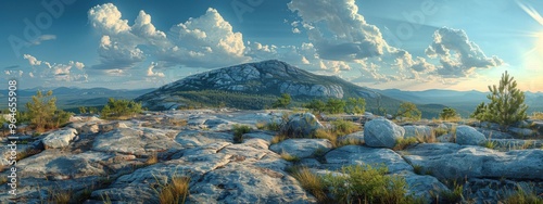 A massive granite dome with hiking trails and panoramic views. photo