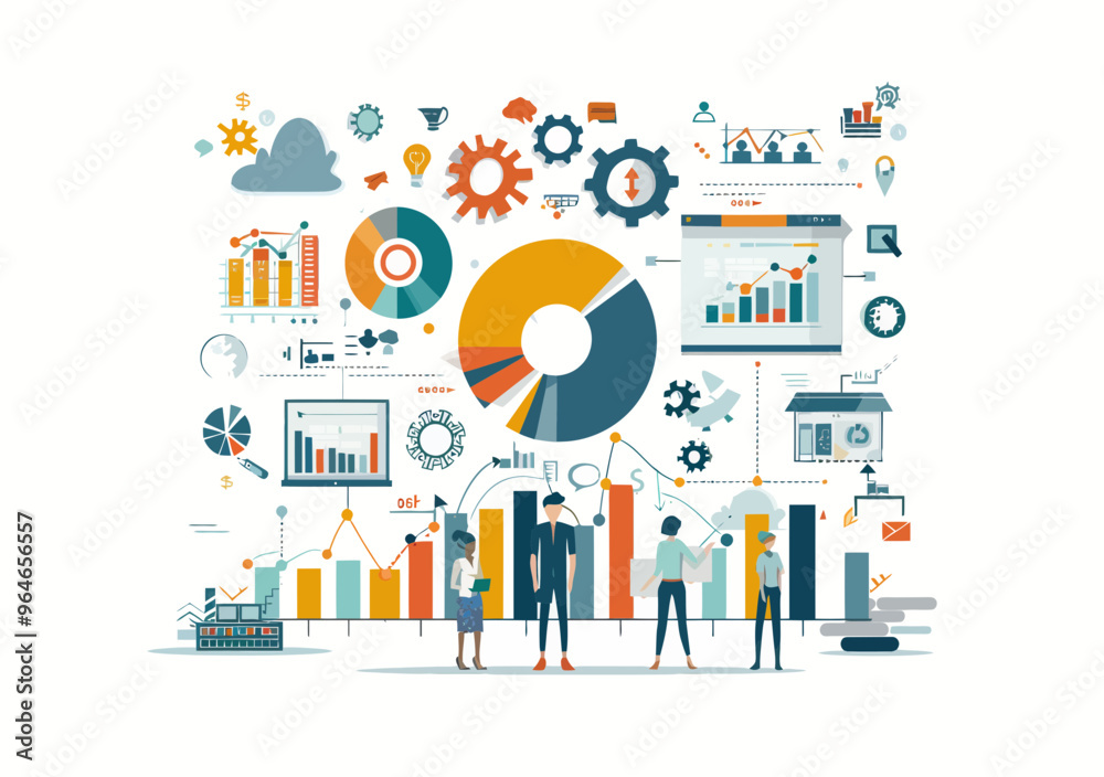 Team Analyzing Digital Marketing Strategy with Graphs and Charts, Business Communication and Social Network Concept, Vector Illustration Team Analyzing Digital Marketing Strategy with Graphs and Charts, Business Communication and Social Network Concept, Vector Illustration