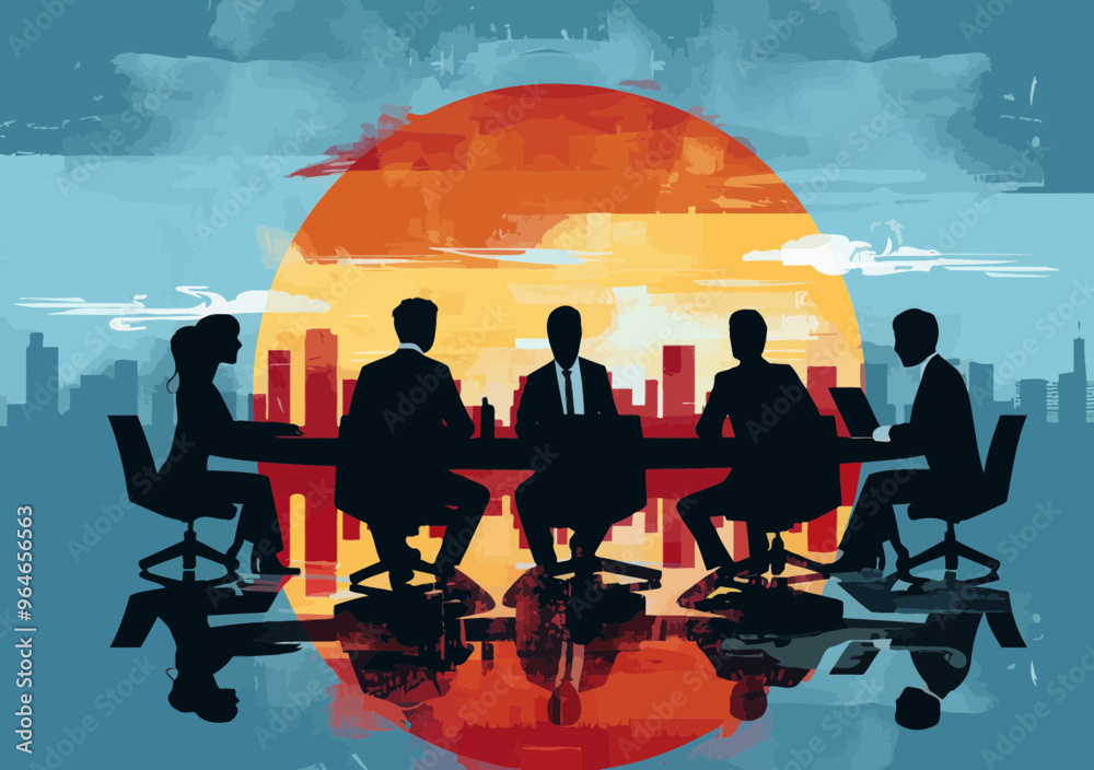 Team Collaboration in Modern Business Setting with Cityscape Backdrop at Sunset, Minimalistic Vector Illustration of Professional Discussion, Corporate Meeting in Creative Office Environment Team Collaboration in Modern Business Setting with Cityscape Backdrop at Sunset, Minimalistic Vector Illustration of Professional Discussion, Corporate Meeting in Creative Office Environment