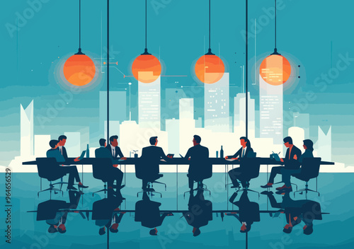 Corporate Team Meeting in Modern Office with Cityscape Background - Vector Illustration of Business Colleagues Collaborating at Conference Table During Evening - Minimalistic Design