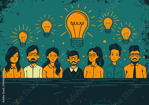 Business Team Listens to Speaker in Educational Seminar with Light Bulb Ideas, Minimalist Vector Illustration, Daytime Meeting, Concept of Collaboration and Innovation, Learning and Growth