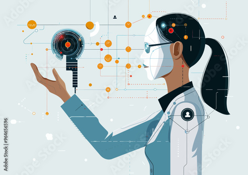 Futuristic Interaction Between Human and AI Robot in Minimalistic Vector Illustration: Technology and Innovation Theme