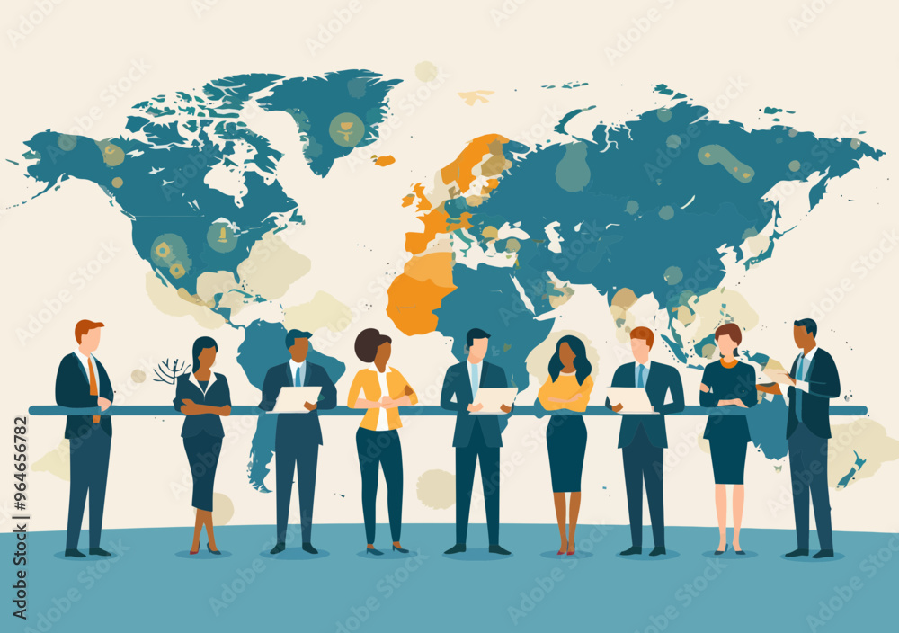 Global Business Strategy, International Trade Team Meeting, Diverse Leaders Analyzing Market Data, Minimalistic Vector Illustration Global Business Strategy, International Trade Team Meeting, Diverse Leaders Analyzing Market Data, Minimalistic Vector Illustration