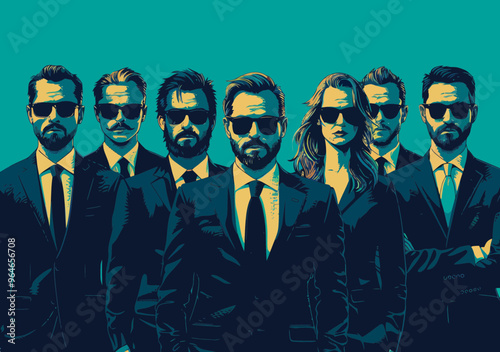 Business team with leader in sunglasses, minimalistic vector illustration, professional experts in suits, diverse team, business leadership concept, modern illustration for corporate presentations