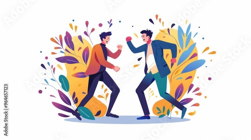 Two men in suits are arguing with their fists up. They are standing against a background of stylized floral patterns and are both very animated.