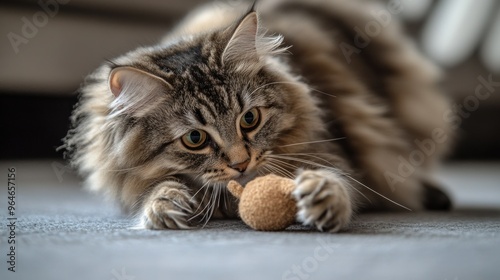 A playful cat interacts with a small toy on a soft surface.