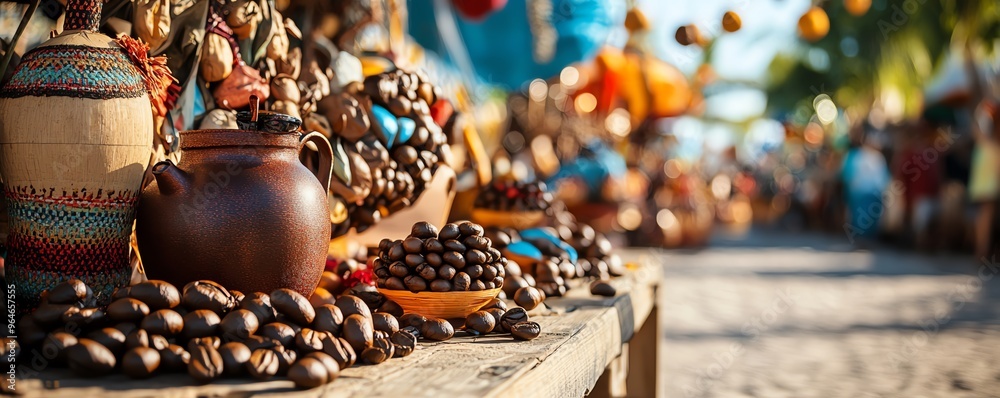 Fototapeta premium A vibrant market scene showcasing traditional pottery and an array of colorful nuts displayed on wooden tables under sunny skies.