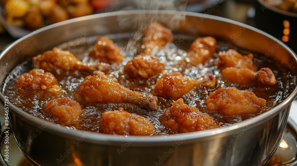 Fresh chicken legs are fried with breading in a cauldron of boiling oil. Fresh chicken legs are fried with breading in a cauldron of boiling oil.