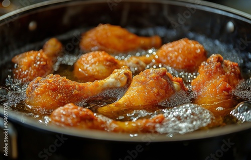 Fresh chicken legs are fried with breading in a cauldron of boiling oil.