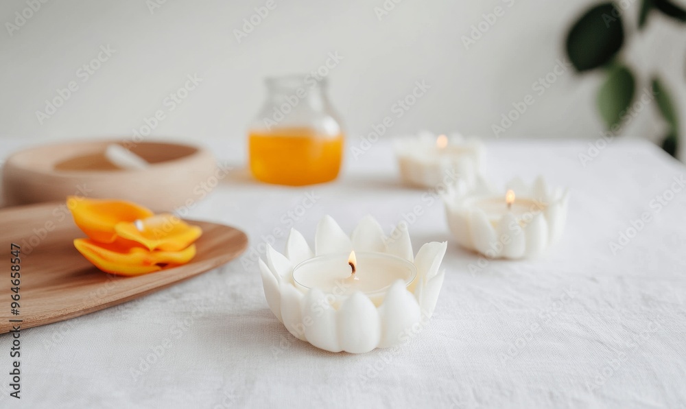 Elegant Ramadan Table Display Floral Scented Candles Create Peaceful, Spiritual Ambiance in a Serene Morning Setting Elegant Ramadan Table Display Floral Scented Candles Create Peaceful, Spiritual Ambiance in a Serene Morning Setting