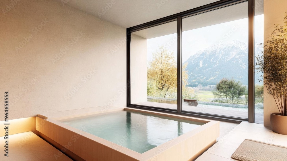 Fototapeta premium Modern spa with a floating onsen bath and nature views, promoting a serene experience