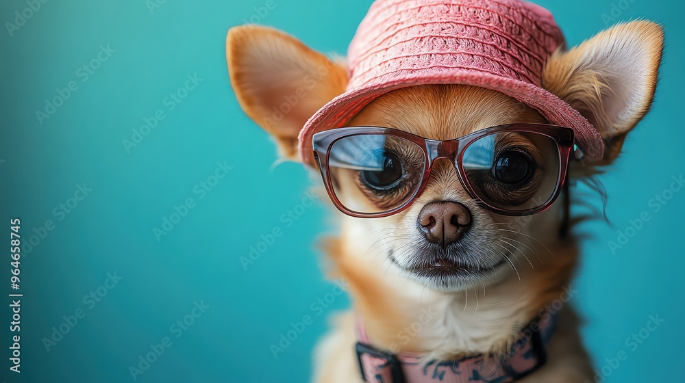 Fototapeta premium A chihuahua in a pink hat and sunglasses, set against a bright turquoise background