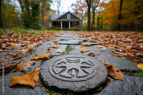 Walkway with strange symbols etched into the stones leading to the spooky house, as if warning travelers to stay away