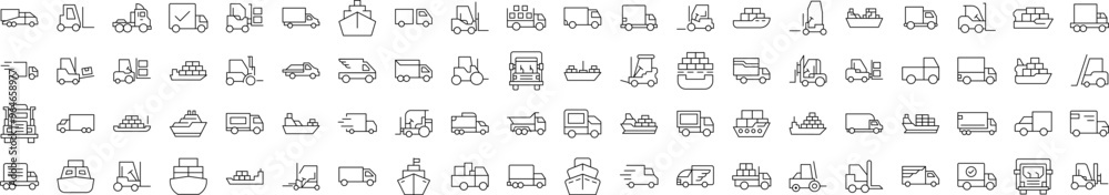 Set of Line Icons of Ship, Van, Tractor. Editable Stroke. Minimalistic Linear Pictogram for Design of Cards, Apps, Banners, Posts Set of Line Icons of Ship, Van, Tractor. Editable Stroke. Minimalistic Linear Pictogram for Design of Cards, Apps, Banners, Posts