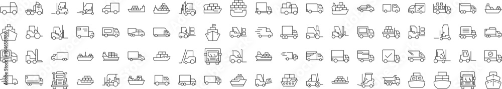 Ship, Van, Tractor Line Icon Bundle. Editable Stroke. Minimalistic Linear Pictogram for Design of Cards, Apps, Banners, Posts Ship, Van, Tractor Line Icon Bundle. Editable Stroke. Minimalistic Linear Pictogram for Design of Cards, Apps, Banners, Posts