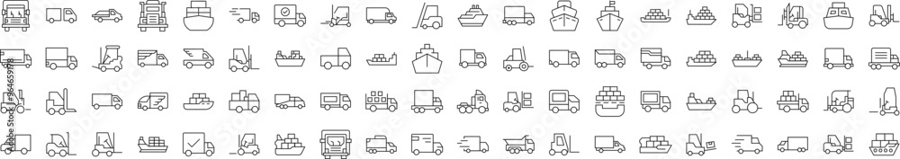Bundle of Line Icons of Ship, Van, Tractor. Editable Stroke. Minimalistic Linear Pictogram for Design of Cards, Apps, Banners, Posts