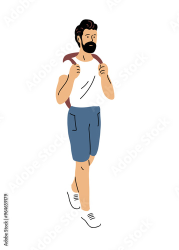 Young man tourist with backpacks . Active recreation and lifestyle. Vacation and weekend. Cartoon vector illustration isolated on white background