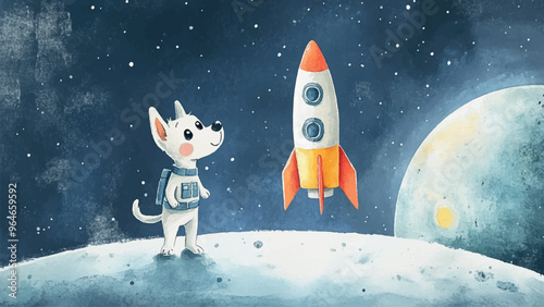 Astronaut Dog Standing Near Small Toy Rocket Alien Planet Watercolor Illustration For Childrens Book Adorable Space Dog Character Colorful Alien Landscape Playful Space Adventure