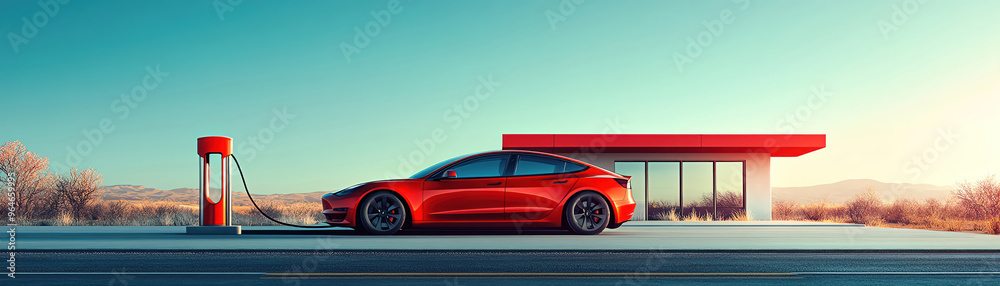 A sleek electric car charging at a minimalist station on a rooftop, clear blue sky in the background A sleek electric car charging at a minimalist station on a rooftop, clear blue sky in the background