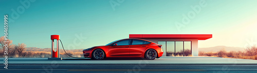A sleek electric car charging at a minimalist station on a rooftop, clear blue sky in the background