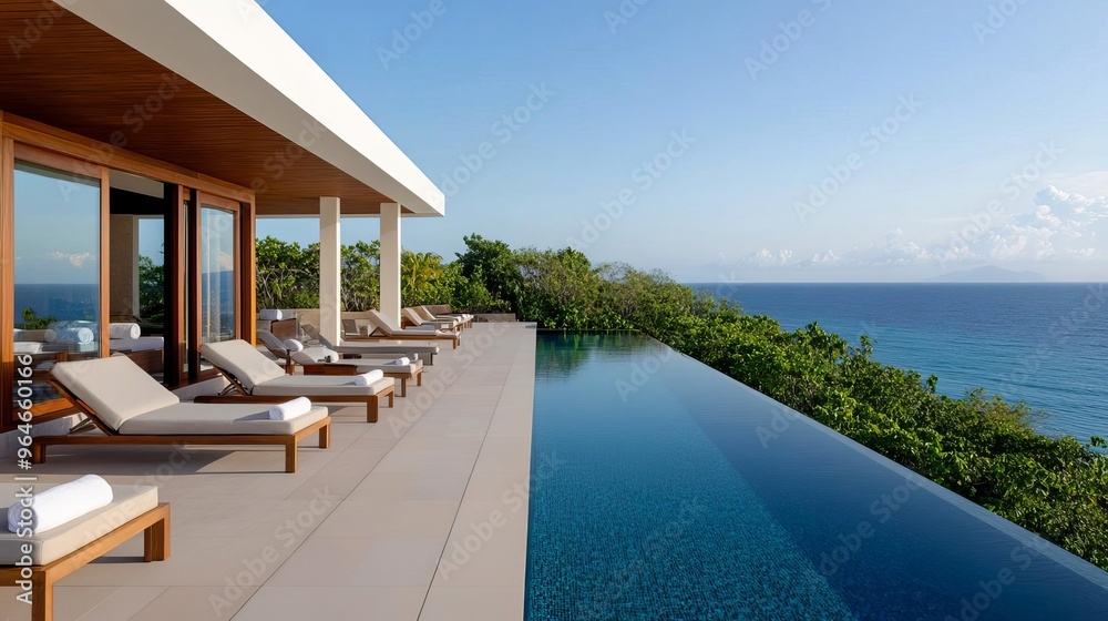 Fototapeta premium Scenic outdoor spa deck with lounge chairs, an infinity pool, and panoramic ocean views