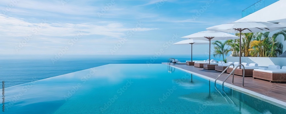 Scenic view of a spa's outdoor infinity pool overlooking the ocean, symbolizing ultimate luxury Scenic view of a spa's outdoor infinity pool overlooking the ocean, symbolizing ultimate luxury