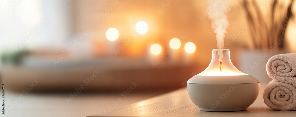 Serene spa room with ambient lighting, an aromatherapy diffuser, and soft music playing Serene spa room with ambient lighting, an aromatherapy diffuser, and soft music playing