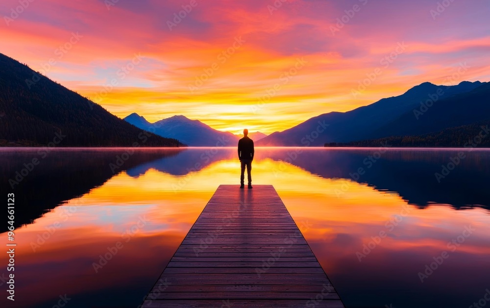 Person standing on a dock, looking out at a calm lake at sunrise, symbolizing a new beginning Person standing on a dock, looking out at a calm lake at sunrise, symbolizing a new beginning