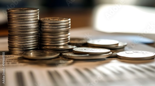 Three stacks of silver coins sitting on a table with a blurred background and a document with writing underneath them.