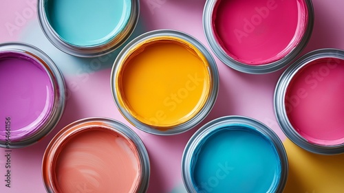 Paint cans with multiple colors open in a flat lay perspective